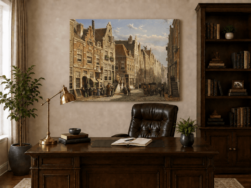 Landscape Oil Painting - European Canal Town Church
