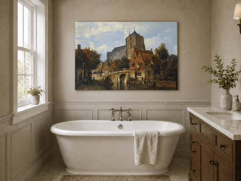 Landscape Oil Painting - European Canal Town Church