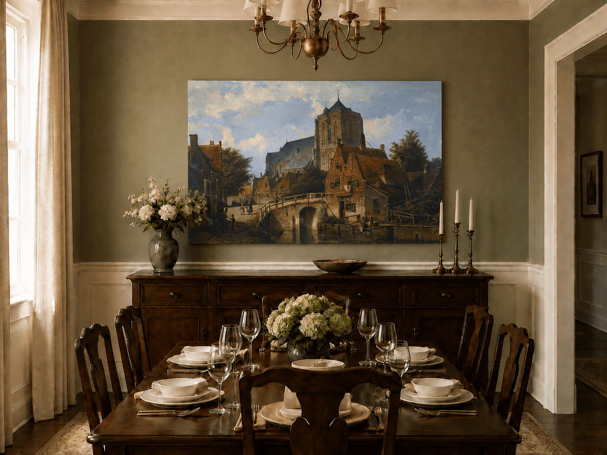 Landscape Oil Painting - European Canal Town Church