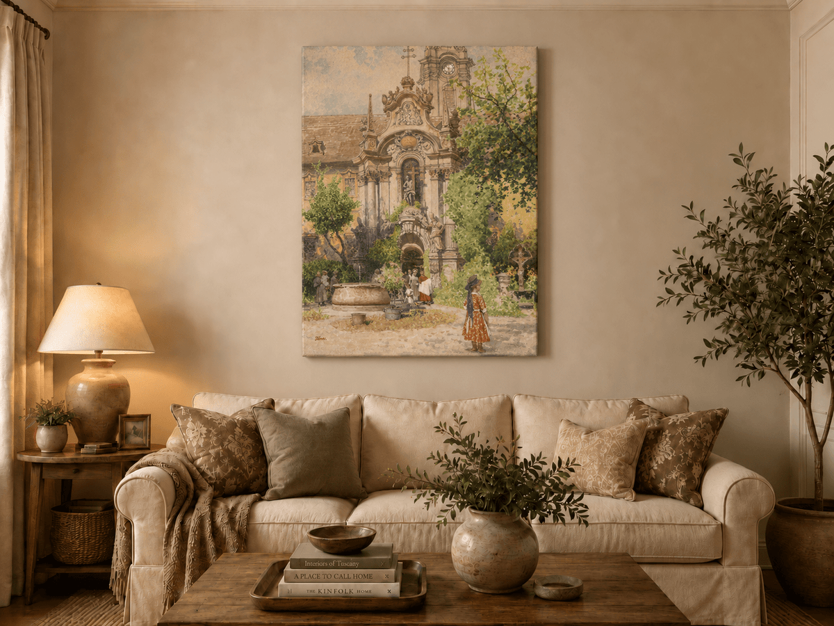 Dipinto a olio paesaggistico - Cortile di una chiesa europea | Dipinto a mano