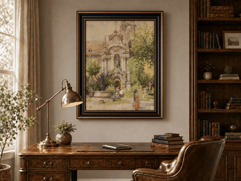 Dipinto a olio paesaggistico - Cortile di una chiesa europea | Dipinto a mano