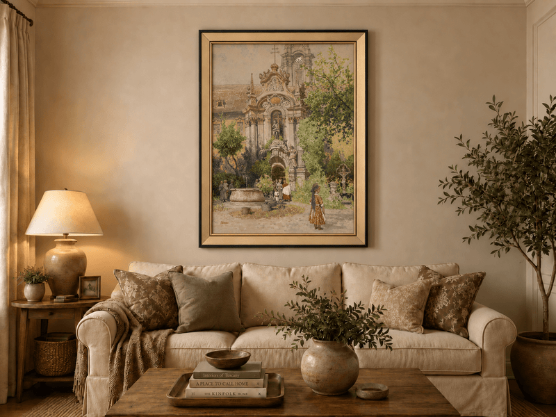 Dipinto a olio paesaggistico - Cortile di una chiesa europea | Dipinto a mano