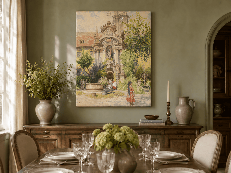 Dipinto a olio paesaggistico - Cortile di una chiesa europea | Dipinto a mano
