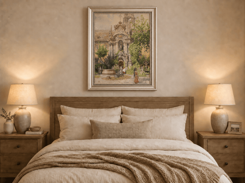 Dipinto a olio paesaggistico - Cortile di una chiesa europea | Dipinto a mano