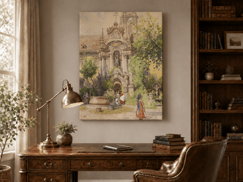 Dipinto a olio paesaggistico - Cortile di una chiesa europea | Dipinto a mano
