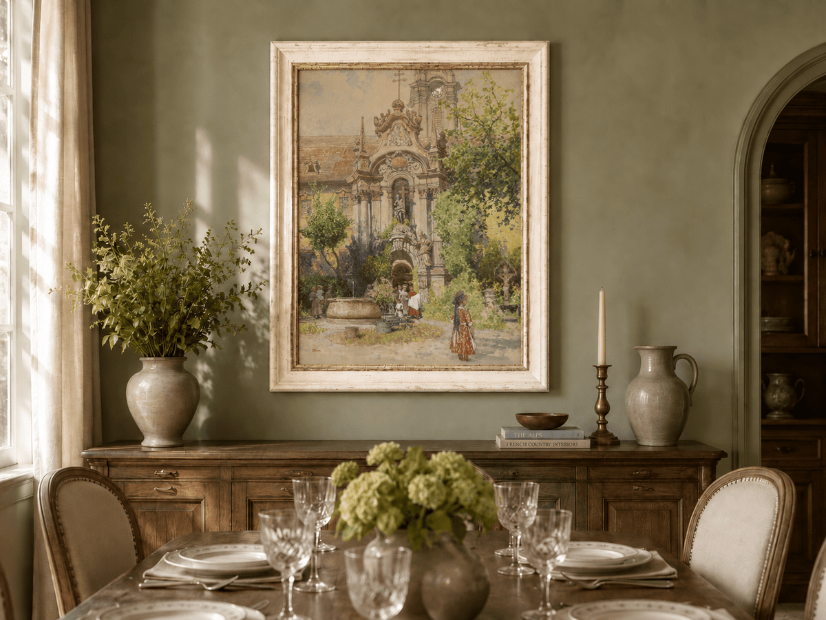 Dipinto a olio paesaggistico - Cortile di una chiesa europea | Dipinto a mano