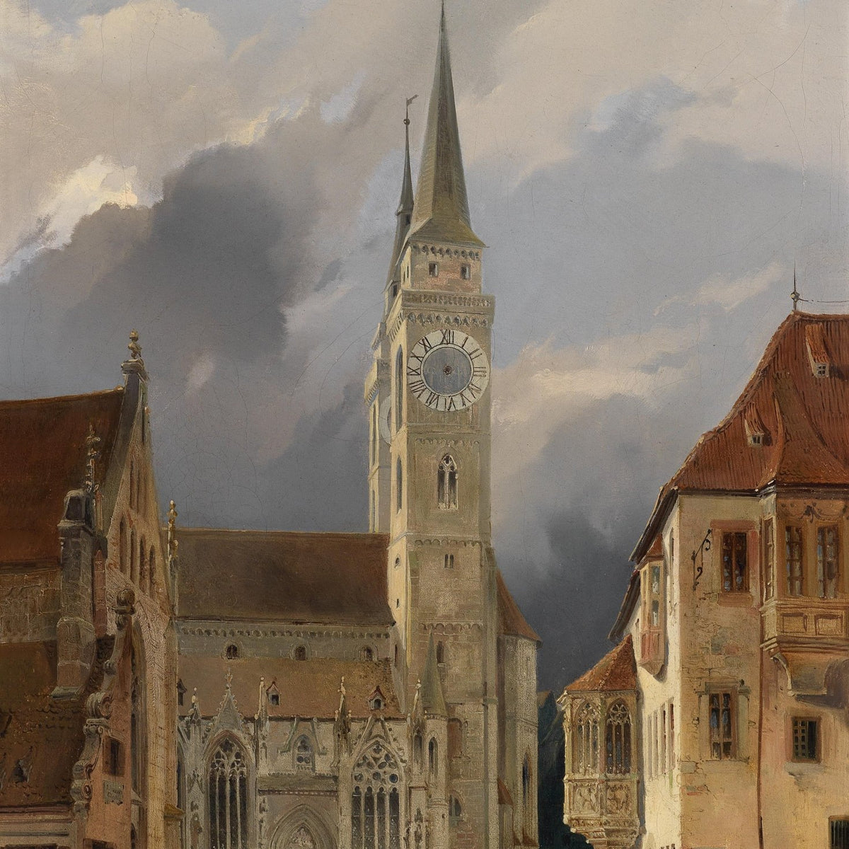 Hand-painted european church square with clock tower landscape oil painting on canvas