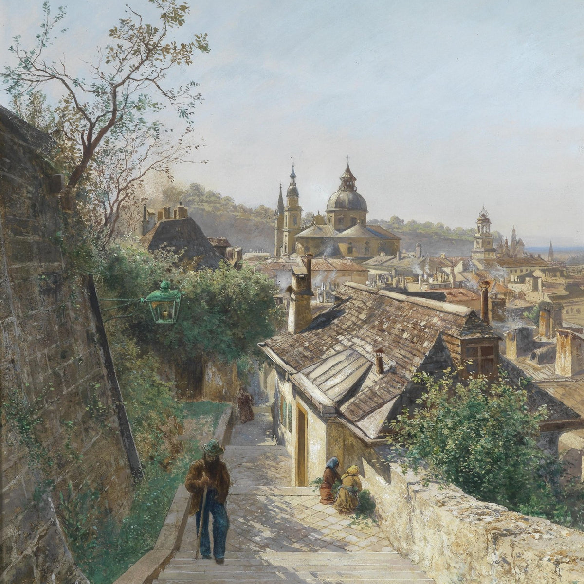 Landscape Oil Painting - European City Alley: Stone Steps, Dome Church - Oil Painting Haven