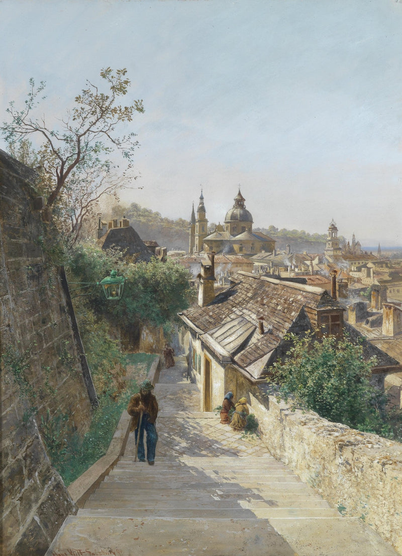Landscape Oil Painting - European City Alley: Stone Steps, Dome Church - Oil Painting Haven
