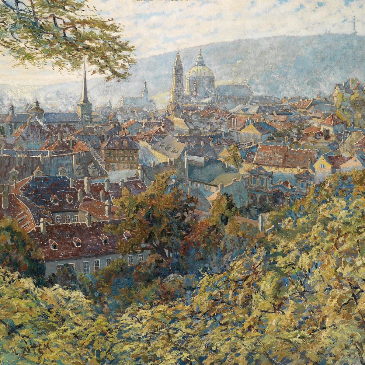 Landscape Oil Painting - European Cityscape & Dome Church, Autumn Foliage - Oil Painting Haven