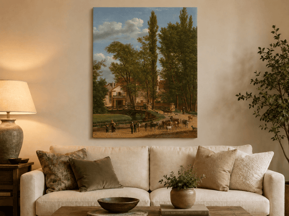 Hand-painted European country estate scene landscape oil painting displayed above a sofa in a living room interior.