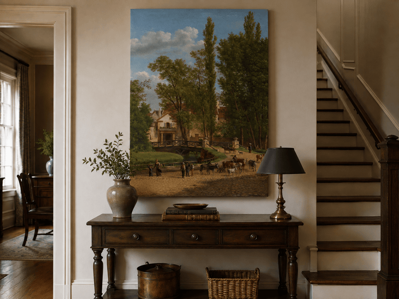 Hand-painted European country estate scene landscape oil painting displayed above a console table in a hallway interior.