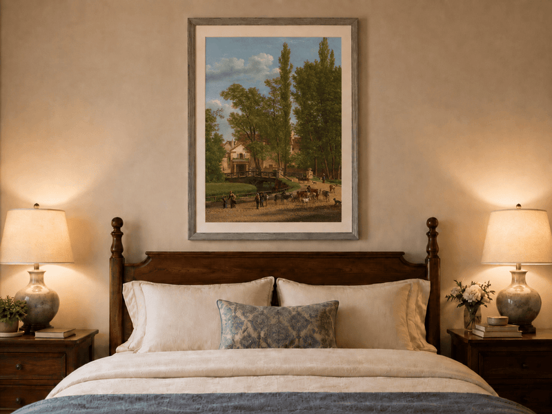 Hand-painted European country estate scene landscape oil painting displayed above a bed in a bedroom interior.
