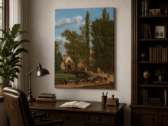 Hand-painted European country estate scene landscape oil painting displayed above a desk in a home office interior.