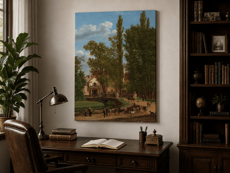 Hand-painted European country estate scene landscape oil painting displayed above a desk in a home office interior.