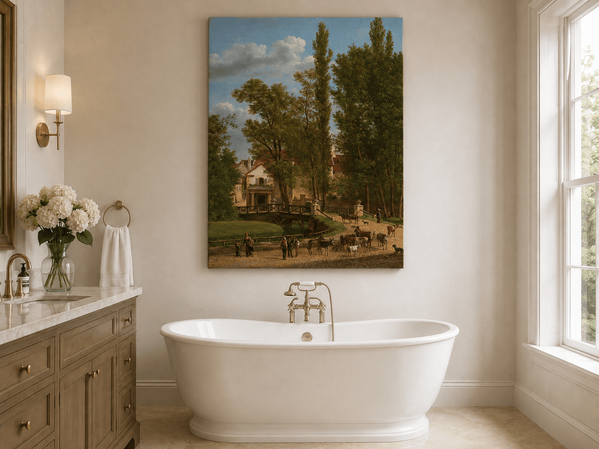 Hand-painted European country estate scene landscape oil painting displayed in a bathroom interior above a bathtub.