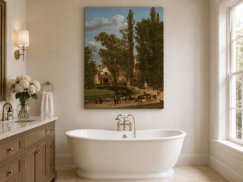 Hand-painted European country estate scene landscape oil painting displayed in a bathroom interior above a bathtub.
