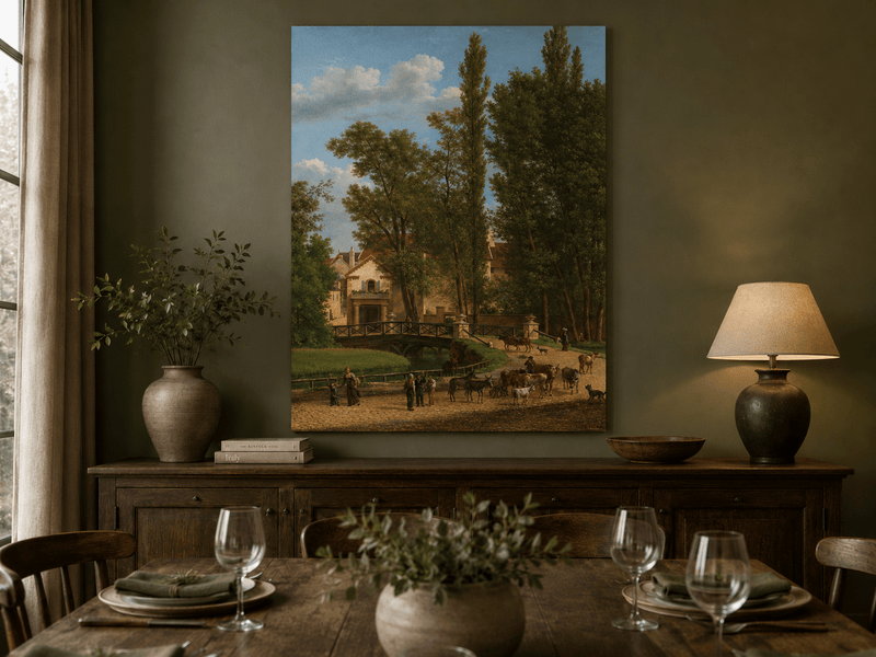 Hand-painted European country estate scene landscape oil painting displayed in a dining room interior.