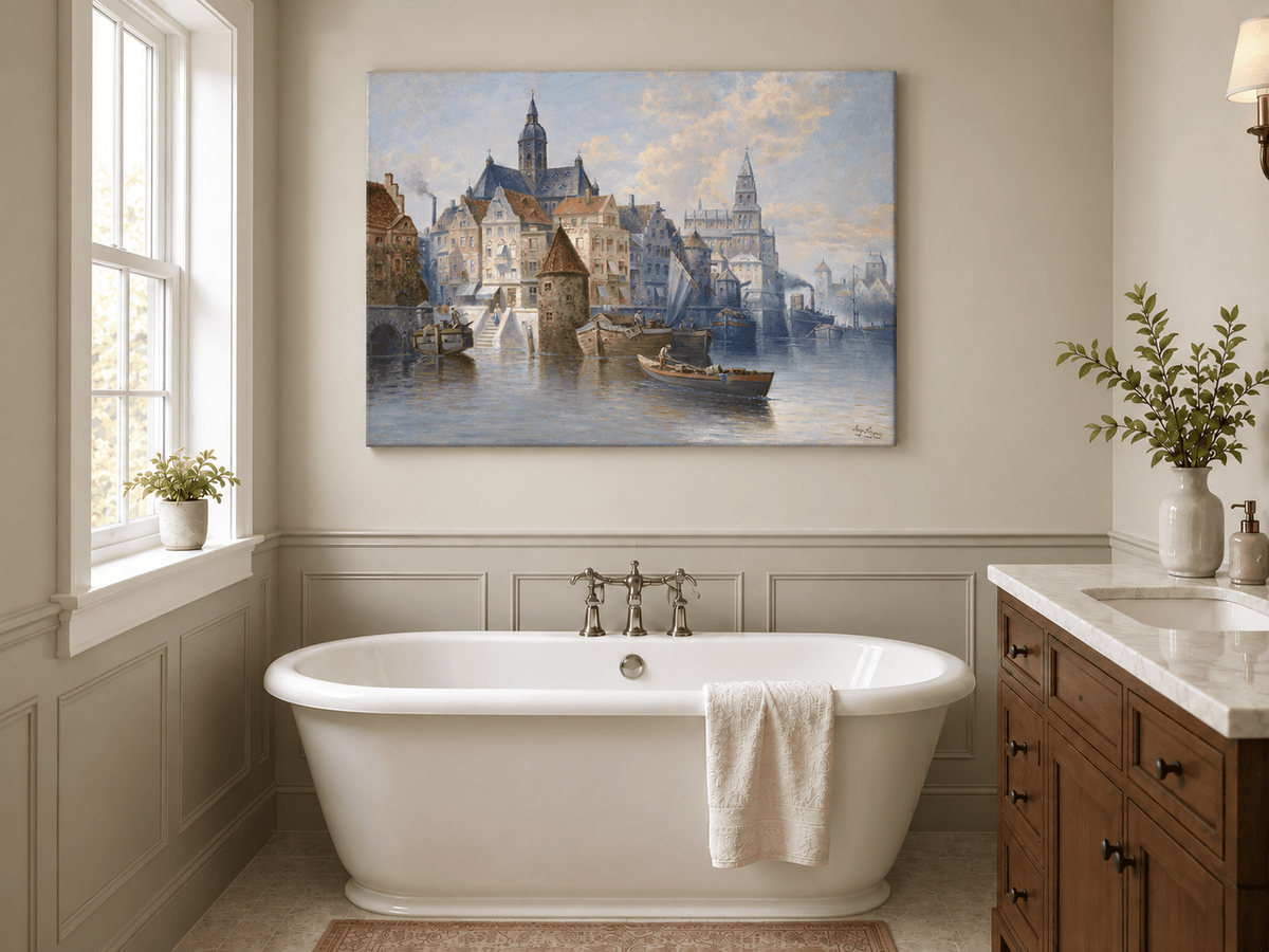 Peinture à l'huile de paysage - Canal et bateaux de la ville portuaire européenne