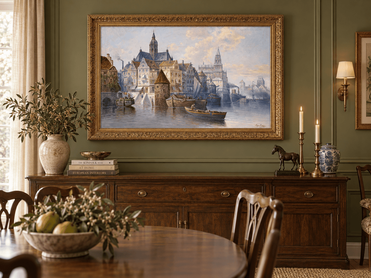 Peinture à l'huile de paysage - Canal et bateaux de la ville portuaire européenne