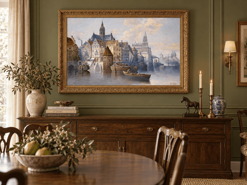 Peinture à l'huile de paysage - Canal et bateaux de la ville portuaire européenne