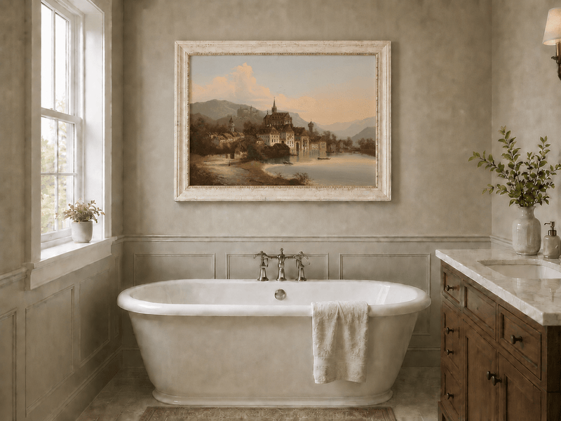 Landscape Oil Painting - European Lakeside Castle Town