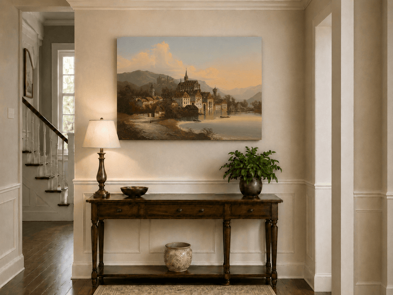 Landscape Oil Painting - European Lakeside Castle Town