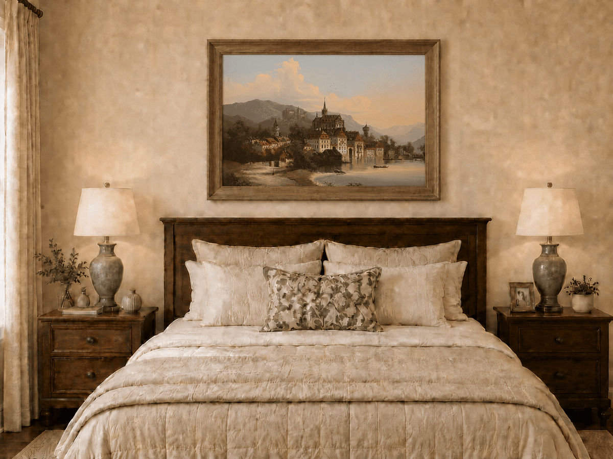 Landscape Oil Painting - European Lakeside Castle Town