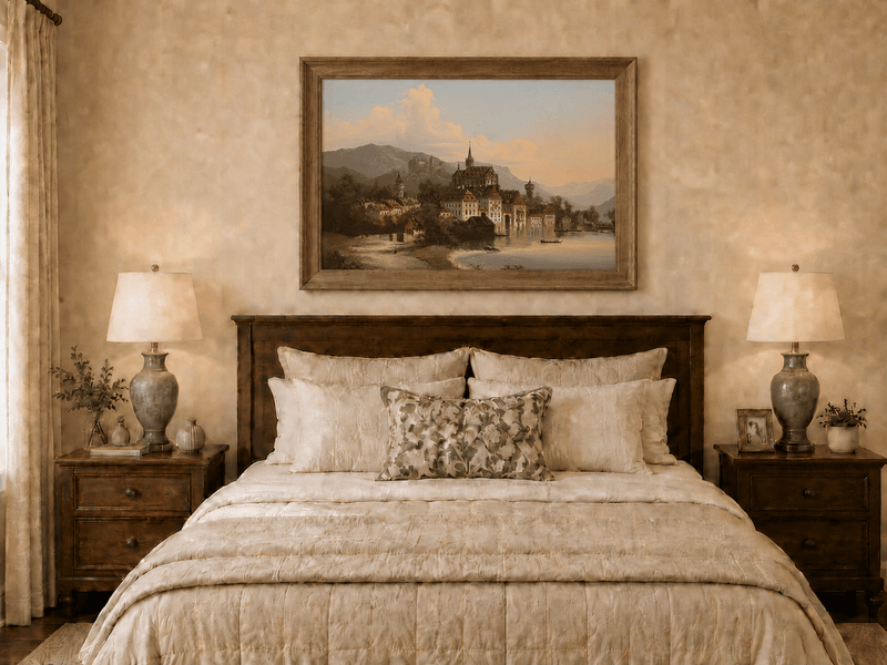 Landscape Oil Painting - European Lakeside Castle Town