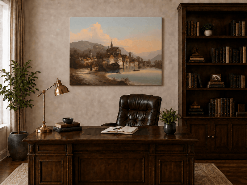 Landscape Oil Painting - European Lakeside Castle Town