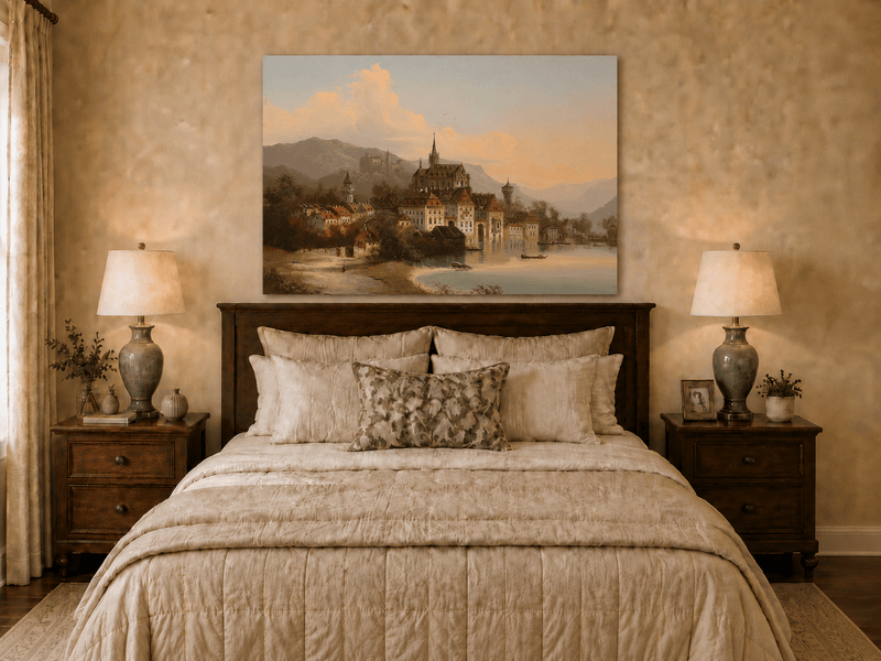 Landscape Oil Painting - European Lakeside Castle Town