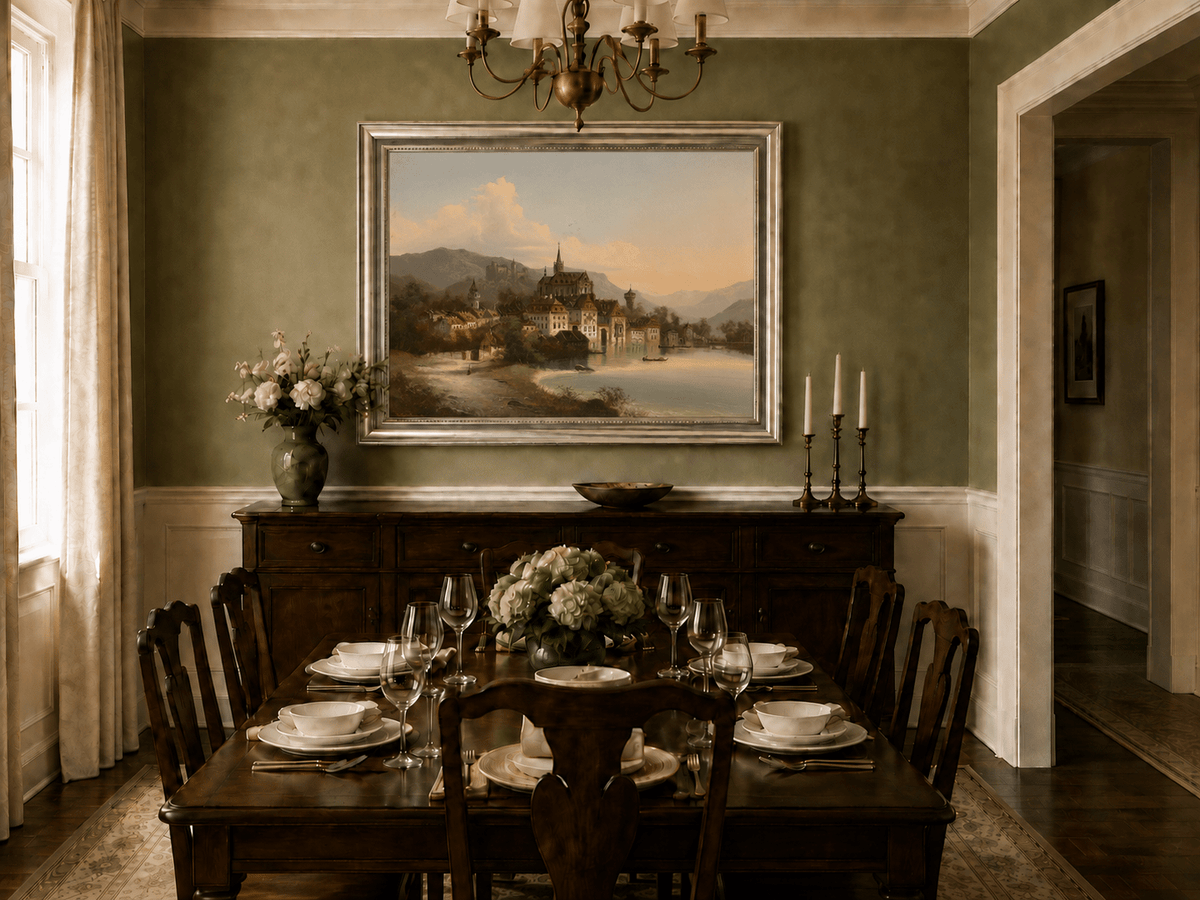 Landscape Oil Painting - European Lakeside Castle Town