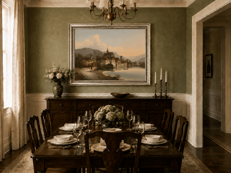 Landscape Oil Painting - European Lakeside Castle Town
