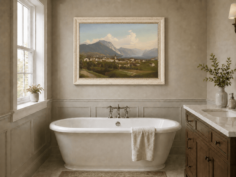 Landscape Oil Painting - European Lakeside Town