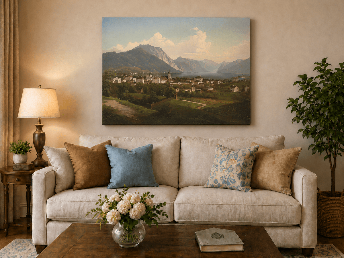 Landscape Oil Painting - European Lakeside Town