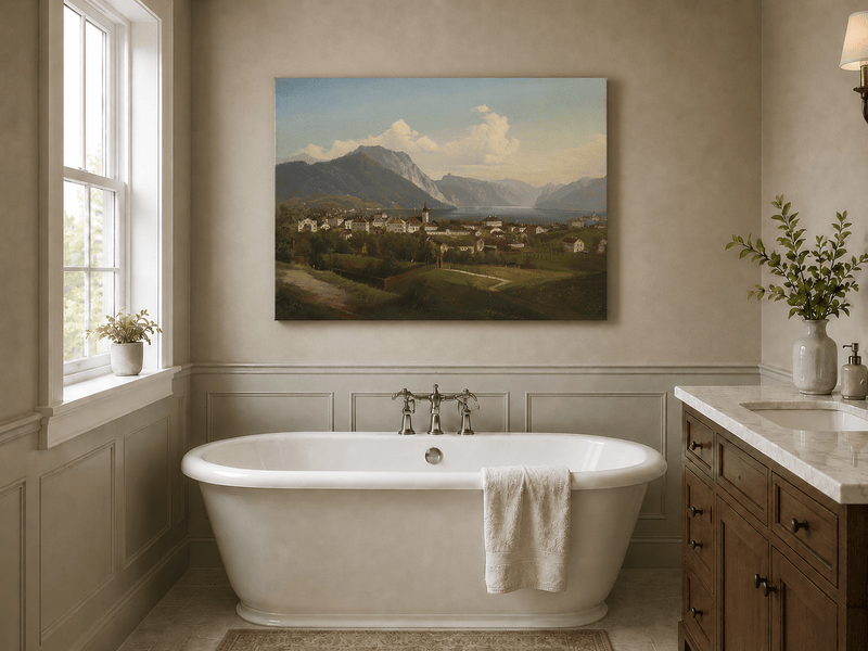 Landscape Oil Painting - European Lakeside Town
