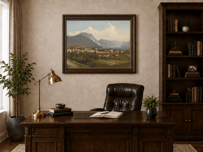 Landscape Oil Painting - European Lakeside Town
