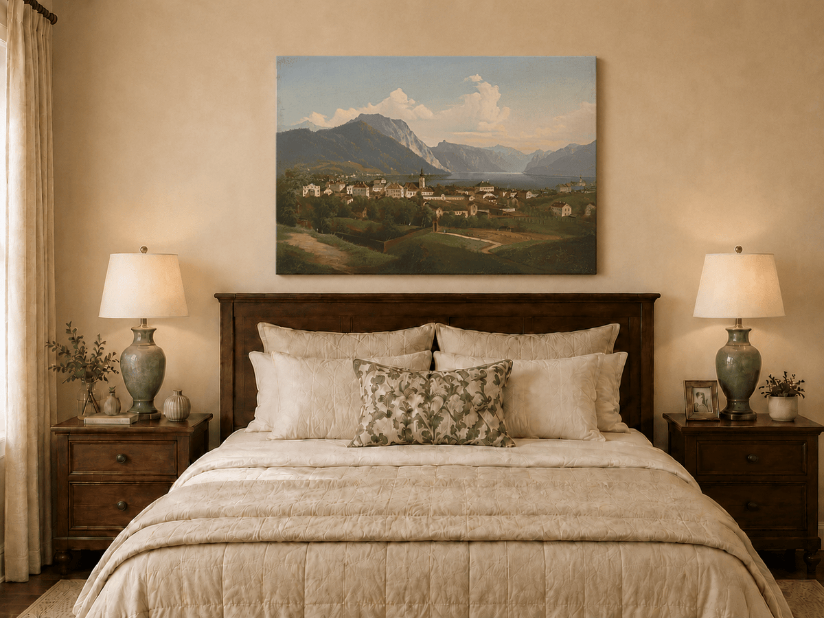 Landscape Oil Painting - European Lakeside Town