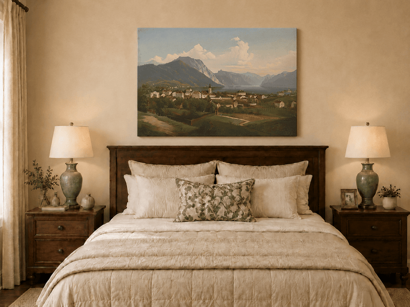 Landscape Oil Painting - European Lakeside Town