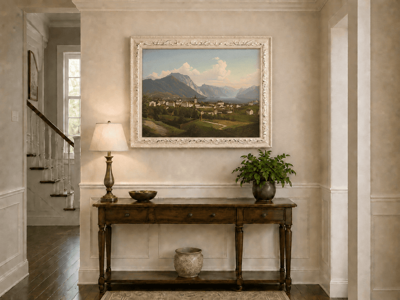 Landscape Oil Painting - European Lakeside Town