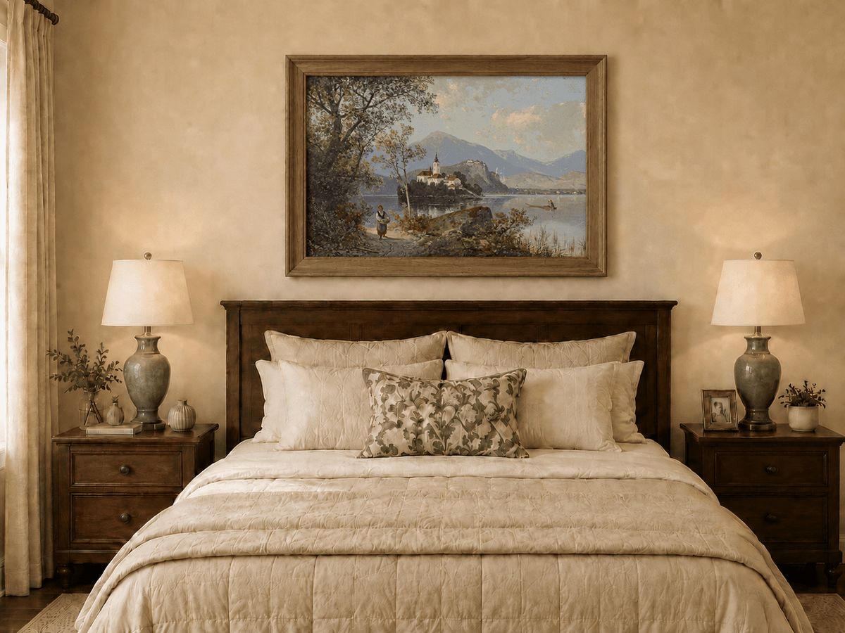 Hand-painted European lakeside village landscape oil painting displayed above a bed in a bedroom interior.