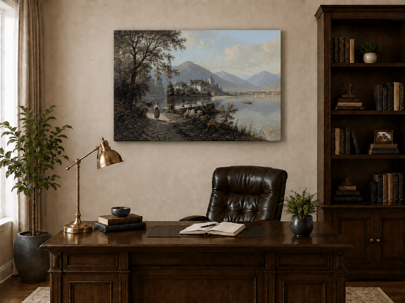 Hand-painted European lakeside village landscape oil painting displayed above a desk in a home office interior.