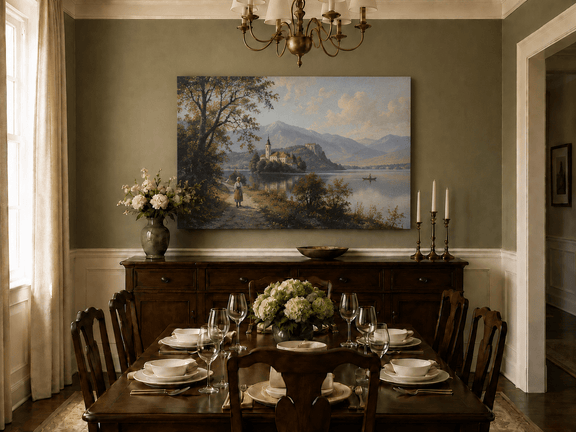 Hand-painted European lakeside village landscape oil painting displayed in a dining room interior.