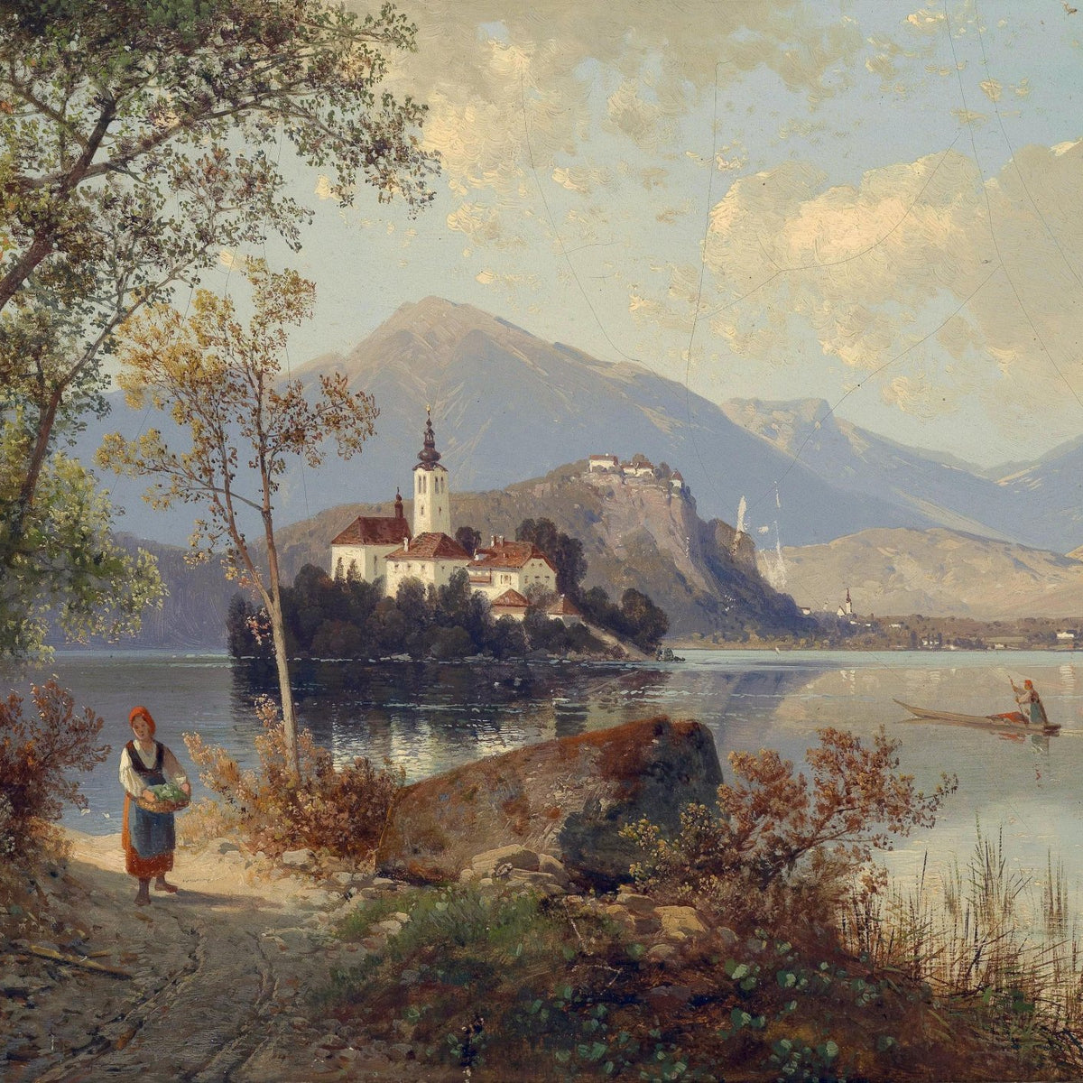 Peinture à l'huile de paysage - Village européen au bord d'un lac