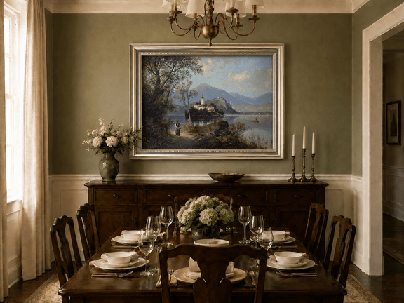 Hand-painted European lakeside village landscape oil painting displayed in a dining room interior.