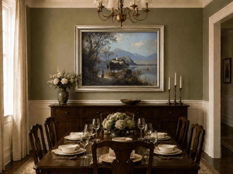 Hand-painted European lakeside village landscape oil painting displayed in a dining room interior.