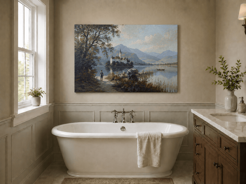 Hand-painted European lakeside village landscape oil painting displayed in a bathroom interior above a bathtub.