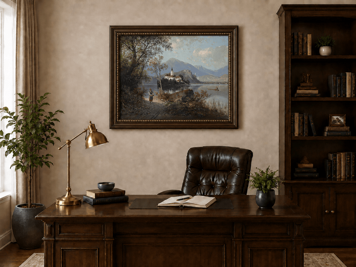 Hand-painted European lakeside village landscape oil painting displayed above a desk in a home office interior.