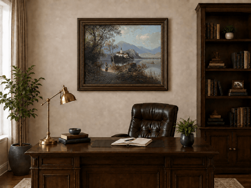 Hand-painted European lakeside village landscape oil painting displayed above a desk in a home office interior.