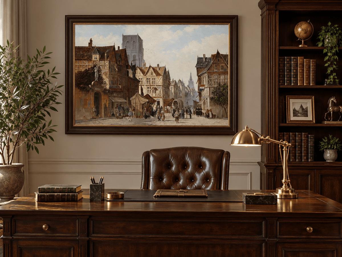 Landscape Oil Painting - European Old Town Street Market, Figures
